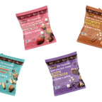 Assorted snack packs with various ingredients on a teal background