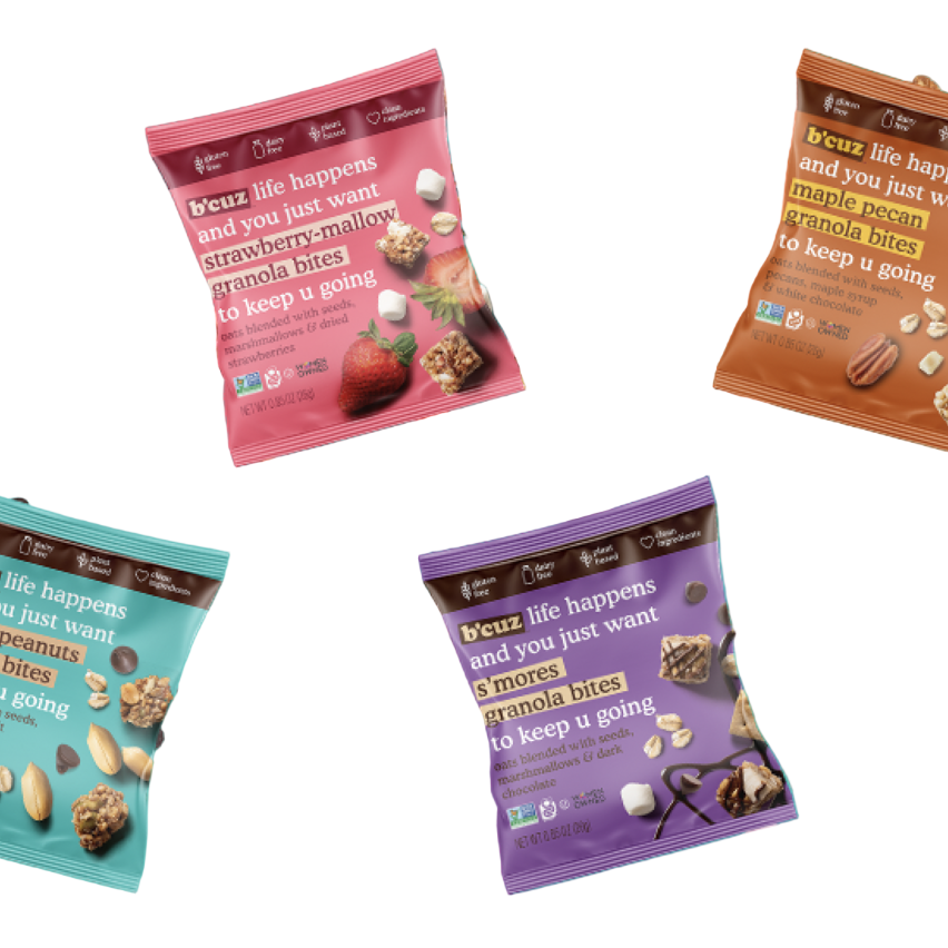 Assorted snack packs with various ingredients on a teal background